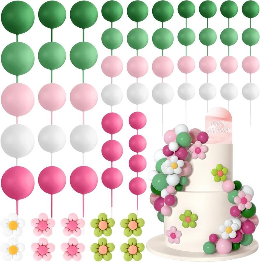 61 stuks Boho madeliefje bloem taart topper ballen decoraties mini ballon retro hippie acryl voor verjaardagsfeestje bruiloft regenboog babyshower (roze groen)
