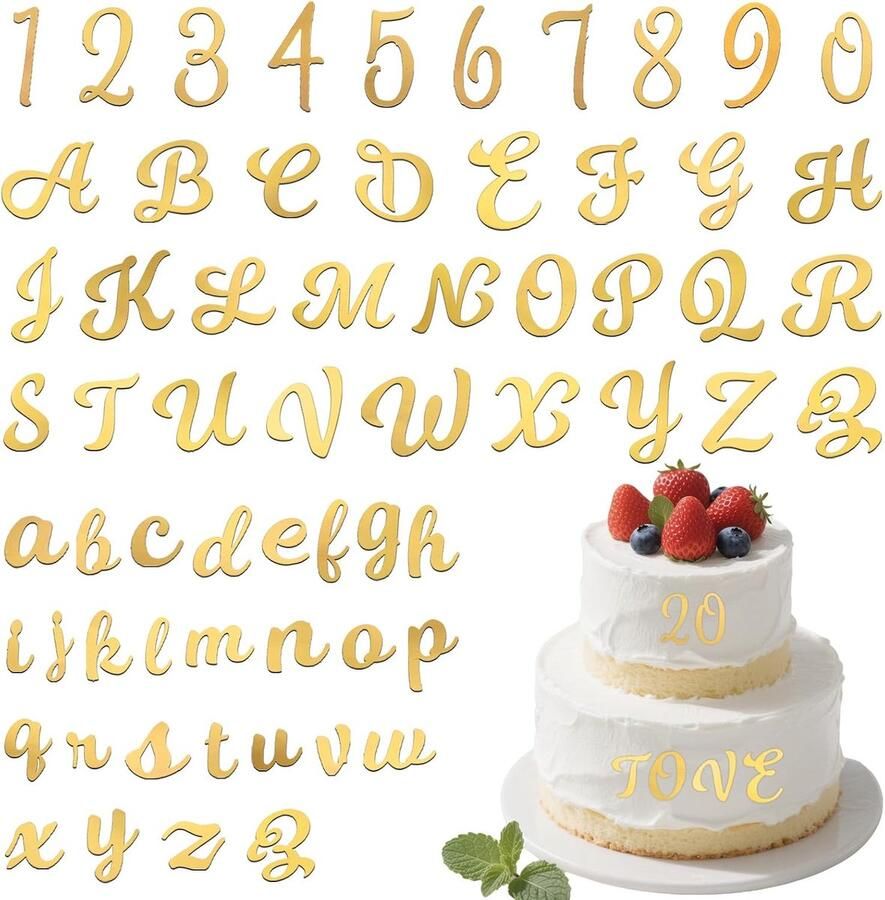 64 stuks letter taartdecoratie acryl cijfers 0-9 gepersonaliseerde taarttoppers A-Z set voor bruiloft jubileum feest (goud)