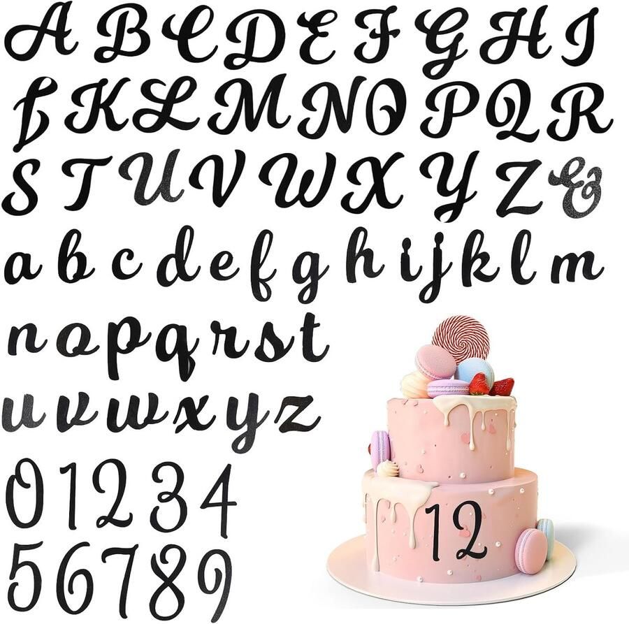 64 stuks zwarte taartdecoratie naam A-Z en taartdecoratie cijfers 0-9 taartdecoratie hoofdletters kleine letters taartopzetstukken alfabet taartdecoratie voor verjaardag bruiloft
