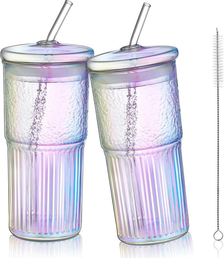 650 ml grote regenboog glazen beker met deksel en rietje set van 2 gestreepte waterglazen voor koffie smoothies sappen borosilicaat iriserende borosilicaattheekop Bubble Tea Cup