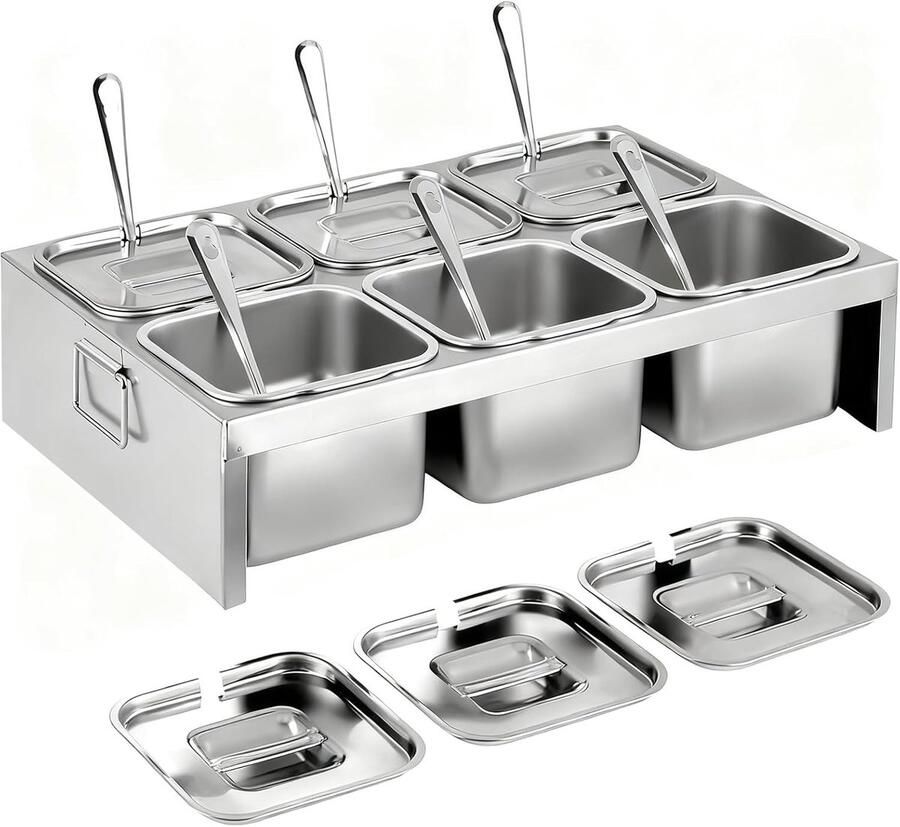 6x2L RVS ingredientencontainers met deksels en lepels 6-compartimenten pizza topping station voor ingrediënten toppings en keukentoebehoren