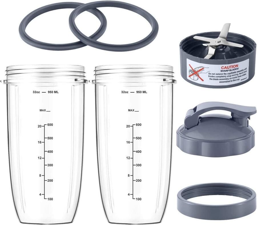 7-delige blender accessoiresset Mengbeker – Inclusief 1 klapdeksel 1 dekselring en hoogwaardig extractiemes – Compatibel met NutriBullet 600W 900W-blenders – 32 oz – Kunststof – Zwart