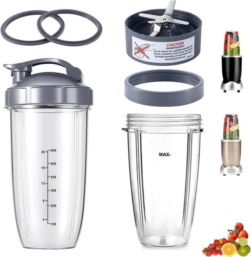7-delige Blender Cups en Vervangingsset voor Extractor Blades 32oz Grote Bekers met Flip-Top To-Go Deksel en Lidring Geschikt voor 600W 900W Mixers