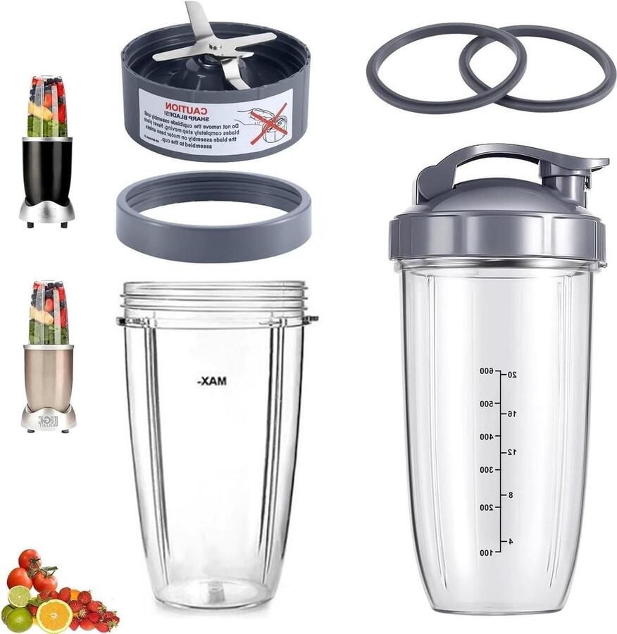 7-delige Blender Cups en Vervangset met 32oz Grote Bekers Flip-Top To-Go Deksel en Premium Extractor Blade voor 600W 900W Mixers