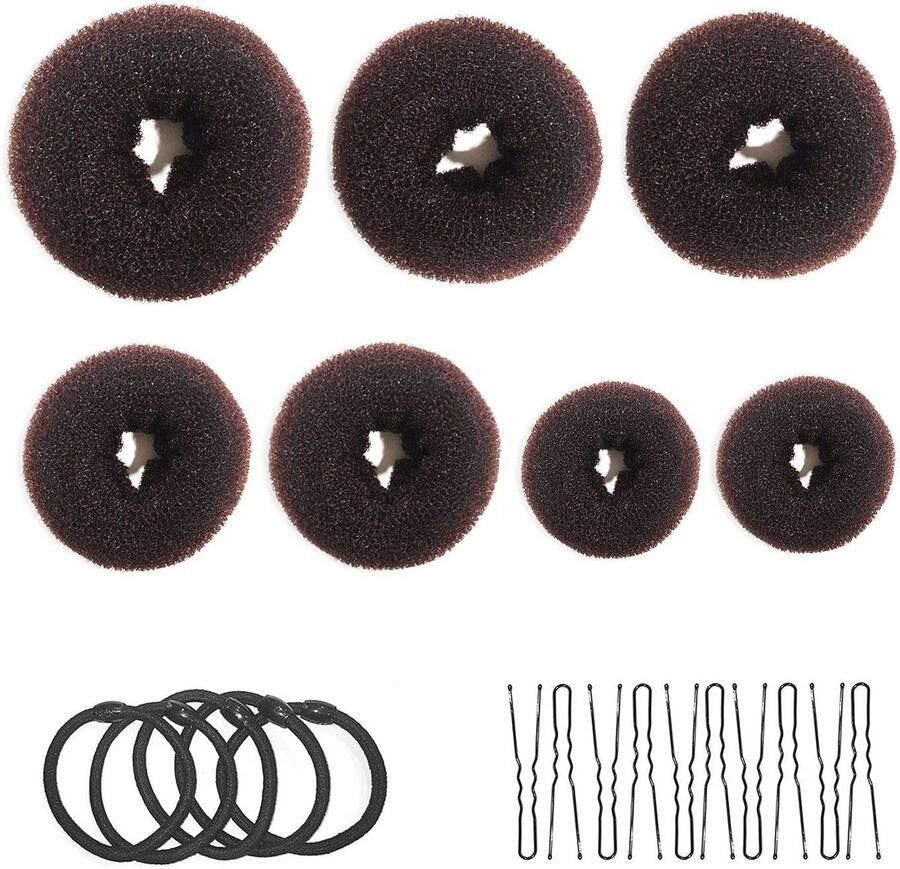 7-delige donut broodmachine set met U-vormige haarclips en elastische banden