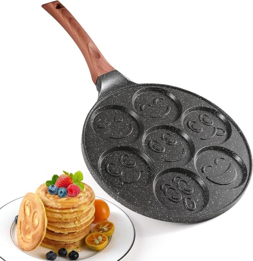 7-Gats Pannenkoekenpan Graniet Smiley Ontbijtpan Voor Inductie Plezier Voor Kinderen Bij Het Ontbijt Hoogwaardige Antiaanbaklaag PFOA-Vrij Geschikt Voor Alle Hobs