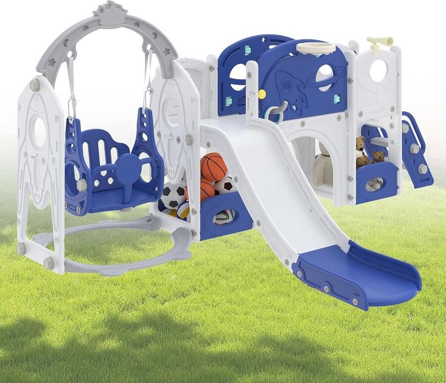 7-in-1 kinderglijbaan voor peuters multifunctionele speelset met schommel glijbaan basketbalmand tunnel opbergruimte klimladder gereedschapsvrije montage vrijstaande glijbaan speelgoed