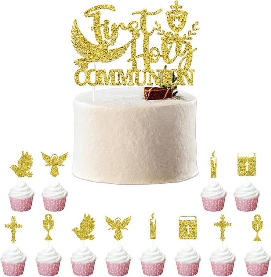 7 Stijlen Communie Taartdecoratie – 13 Stuks – Eerste Communie Cupcake Picks en Gebakversiering – Glanzend Duurzaam en Veilig voor Voedsel