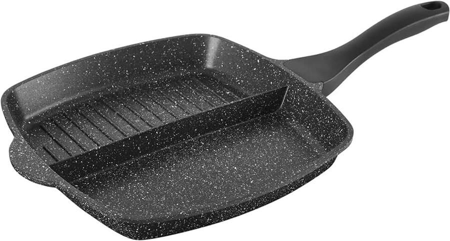 716947 Koekenpan met 2 delen 26 x 26 cm om tegelijkertijd te frituren en te grillen gegoten zwart aluminium pan met antiaanbaklaag hittebestendig voor alle warmtebronnen + inductie