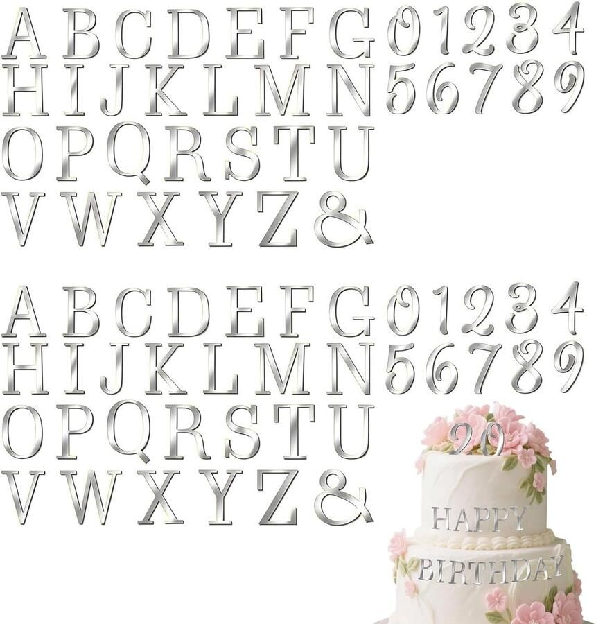74 stuks acryl cake topper letter- en cijferset gepersonaliseerde taartversiering A-Z 0-9 in zilver taartdecoratie voor bruiloft verjaardag babyshower