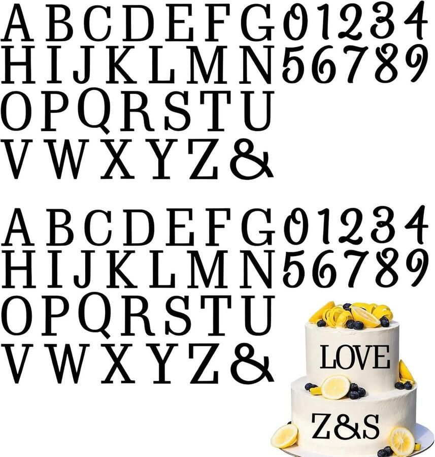 74 Stuks Acryl Caketaartletters en Cijfers Gepersonaliseerde Cake Topper Decoratie A-Z 0-9 Voor Bruiloft Verjaardag Feest Babyshower (Zwart)