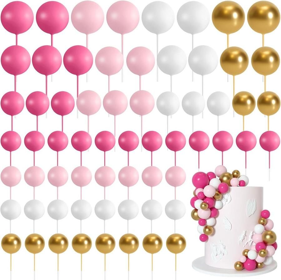 75 stuks decoratie schuim cupcaketopper mini-ballon taarttopper ballen taartprikkers voor taart decoratie verjaardagsfeest bruiloft (roze goud wit)