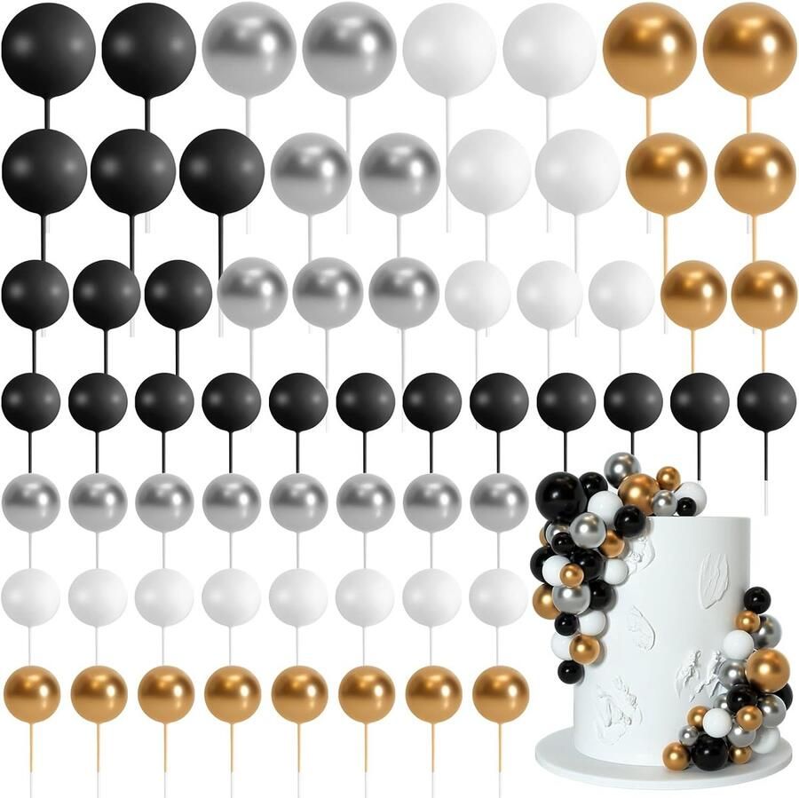 75 stuks taartballen topper decoraties schuim cupcake topper mini ballon taart topper ballen taart picks voor taart deco verjaardagsfeestje bruiloft (zwart goud zilver wit)