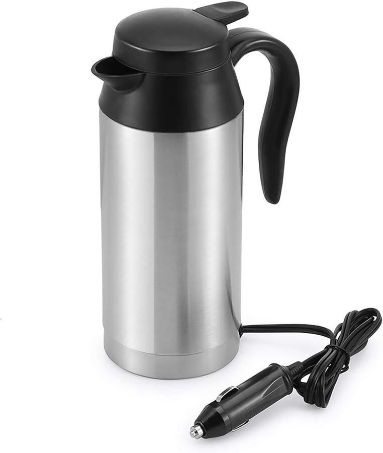 750 ml auto-waterkoker 12 V roestvrijstalen reiswaterkoker elektrische waterbeker voor heet water koffie thee auto-sigarettaansteker zilver stroomkabel zit in de beker