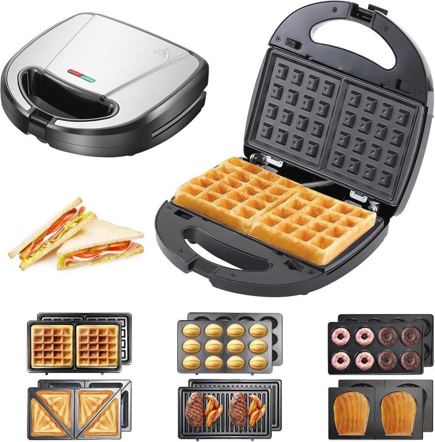 750 W Multifunctionele Sandwichmaker met 6 Verwisselbare Platen voor Wafels Grill en Meer