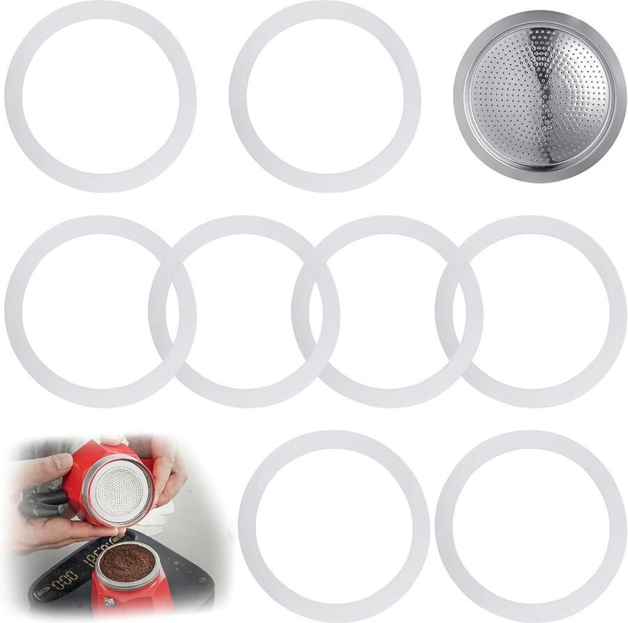 8-delige afdichtset voor Moka Espresso koffiezetapparaat 3 kopjes ringen en vervangfilter voor optimale koffiebeleving