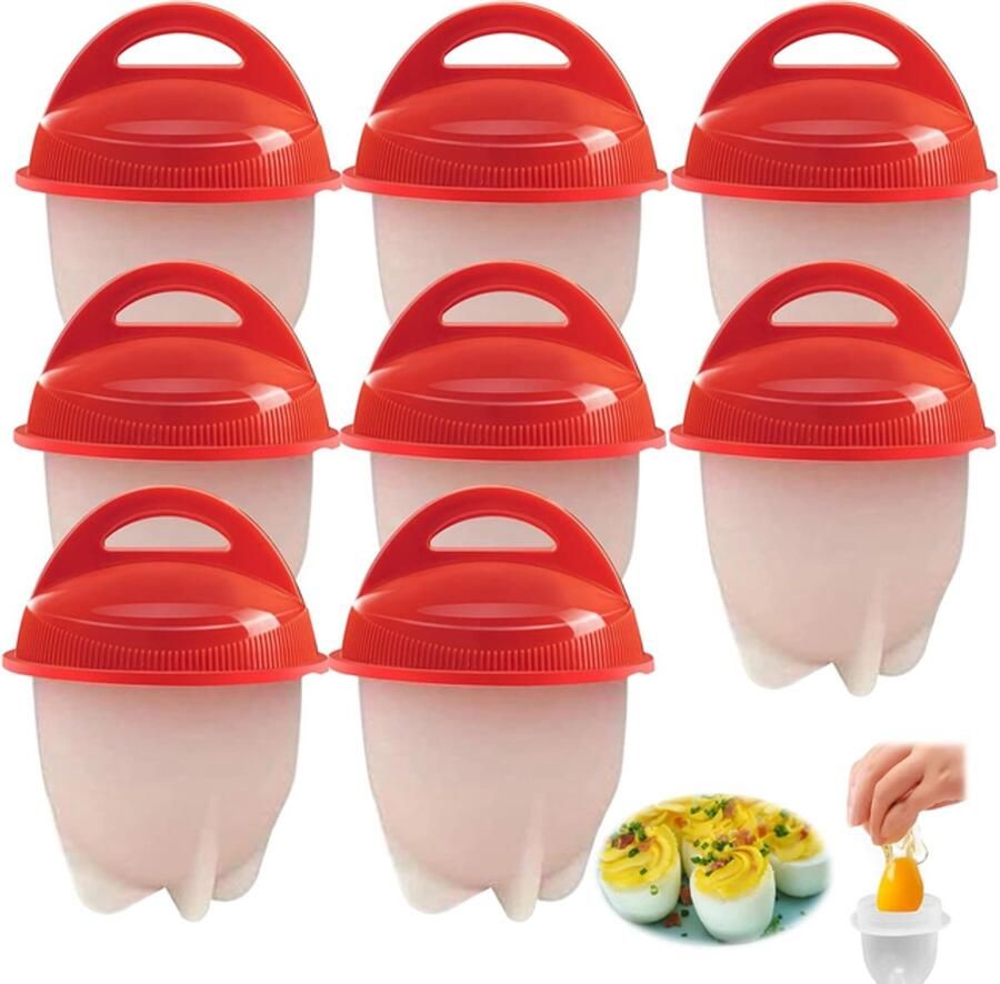 8-delige eierkookvormpjes Eierkoker Stoomvormpjes voor eieren Keukengerei voor het koken van eieren 7*7*9 5 cm Rood PP silicone