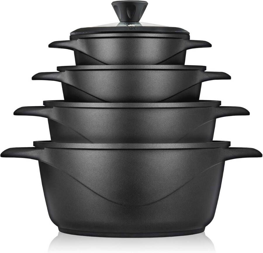 8-Delige Pannenset voor Inductiekookplaten Gietaluminium Met Antiaanbaklaag en Glazen Deksel