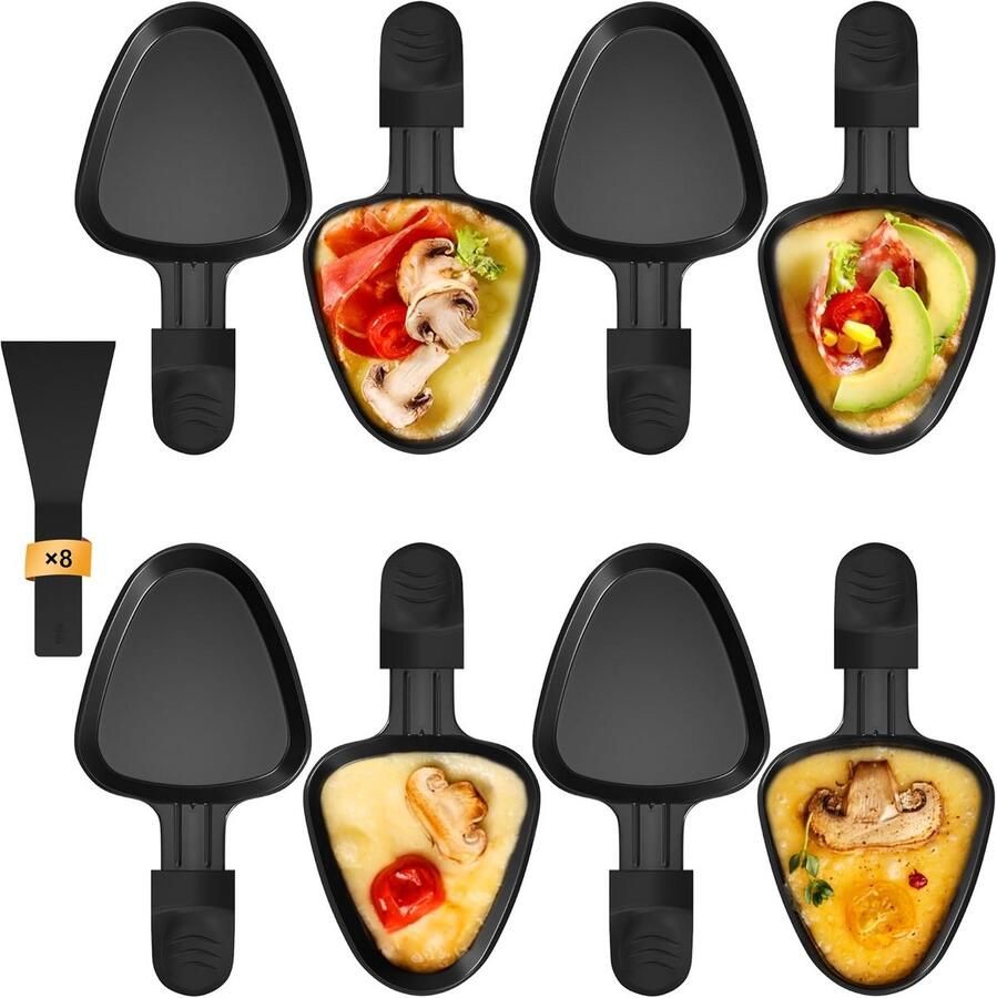 8 Delige Set Raclette Pannetjes met Anti-Aanbaklaag en Nylon Schrapers
