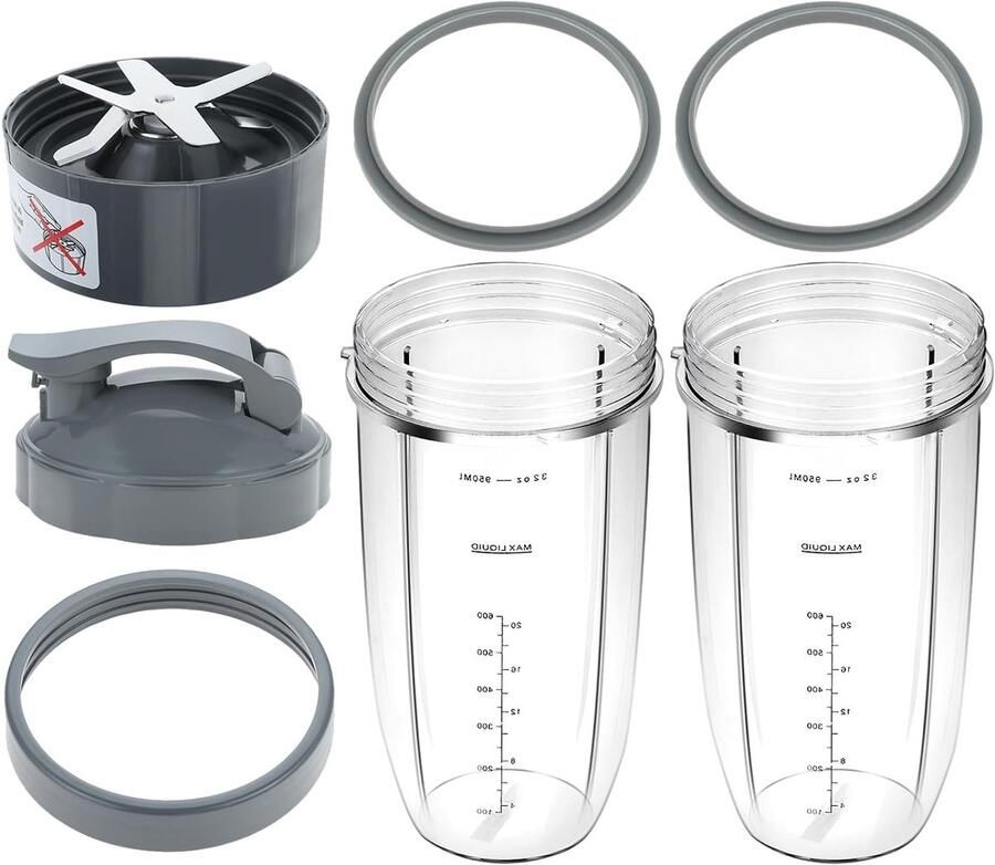 8-delige Set Vervangende Blenderbekers en Mesjes 945ml Grote Beker met Flip Top Deksel Inclusief Rubber O-ringen en Borstel voor Blender 600W 900W Modellen