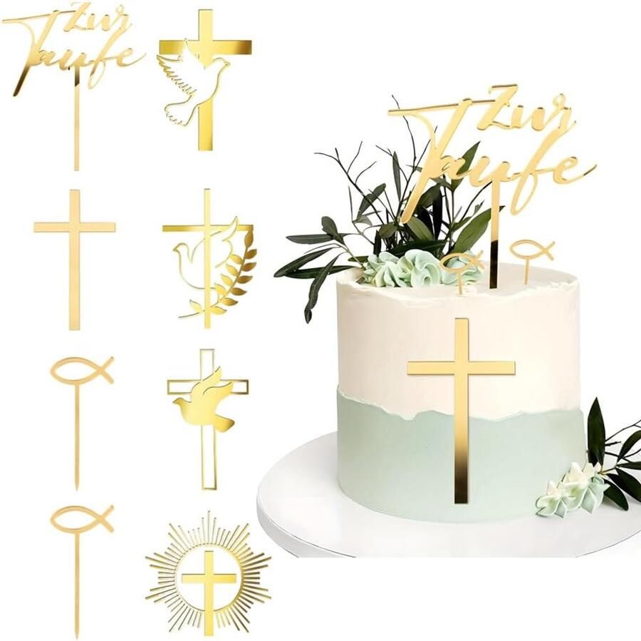 8-delige taartdecoratie doop Acryl goud kruis cake doop vis communie cupcake voor babyshower taartdecoratie