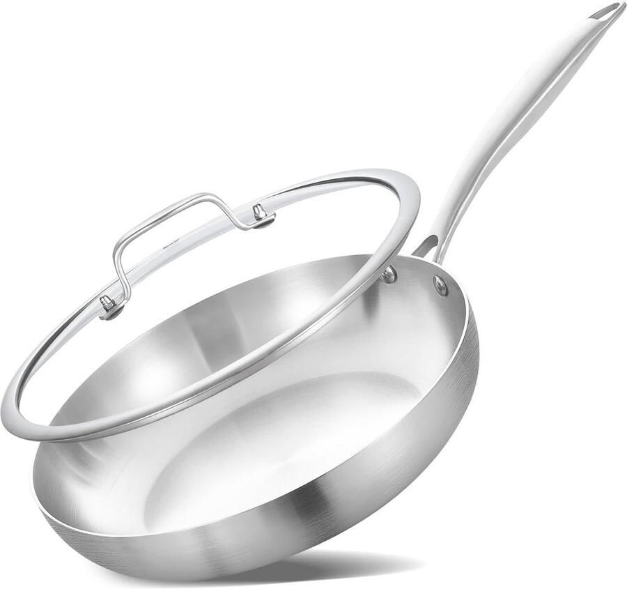 8 Inch Tri-Ply RVS Sauteerpan met Deksel Inductie Koekenpan Ovenbestendig en Heavy Duty