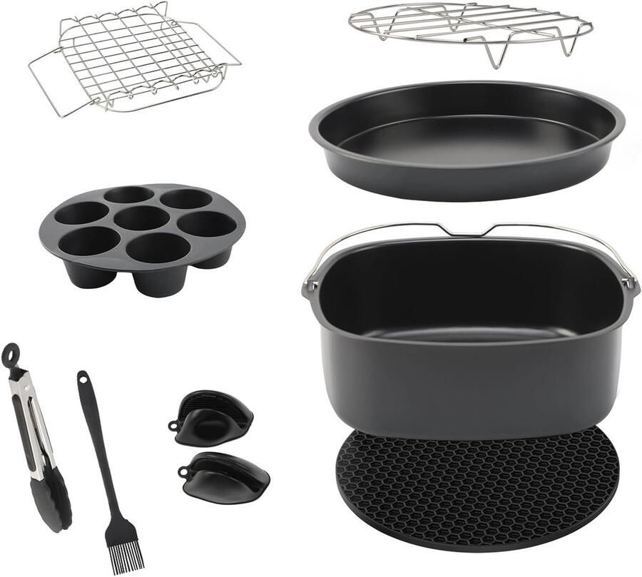 8 Inch Vierkante Accessoireset voor Airfryer 10 Stuks Bakplaten Grillroosters en Kookaccessoires