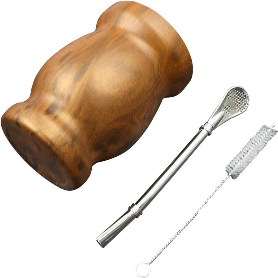 8 Oz Yerba Mate Kalebas Theekop Roestvrijstalen Dubbelwandige Theekopje Set Traditionele Mate Kop Yerba Mate Kalebas Kop En Reinigingsborstel Houtnerf