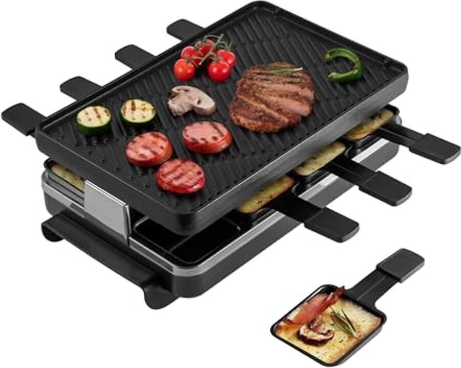 8-Persoons Raclette Party Grill Indoor Elektrische Grill met Omkeerbare Gietijzeren Plaat