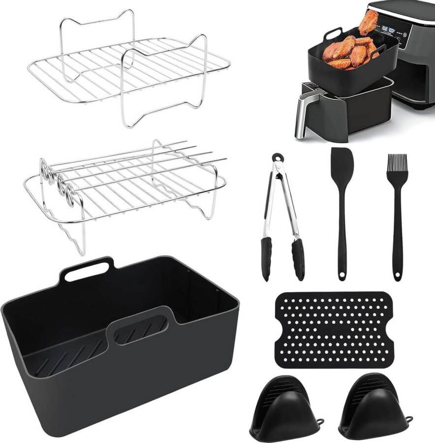 8-stuks dubbele siliconen airfryer liners & handschoenen voor Ninja Air Fryer AF400UK & Tower T17088 & AF300UK airfryer rack & food tong & paper