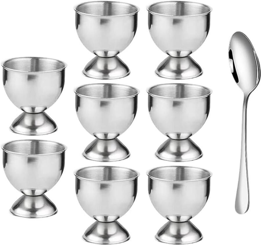 8 stuks eierdopjes van roestvrij staal stabiel voor ontbijt eieren eierdopjes roestvrij staal met voet met 1 soeplepel elegante eierhouder in metallic look voor familie hotel of