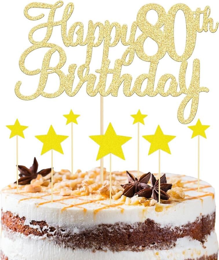 8 stuks gouden Happy 80e verjaardag taarttopper 1 Happy 80e verjaardag topper en 7 sterren cupcake toppers glitter 80e taart topper voor 80e verjaardag feestbenodigdheden