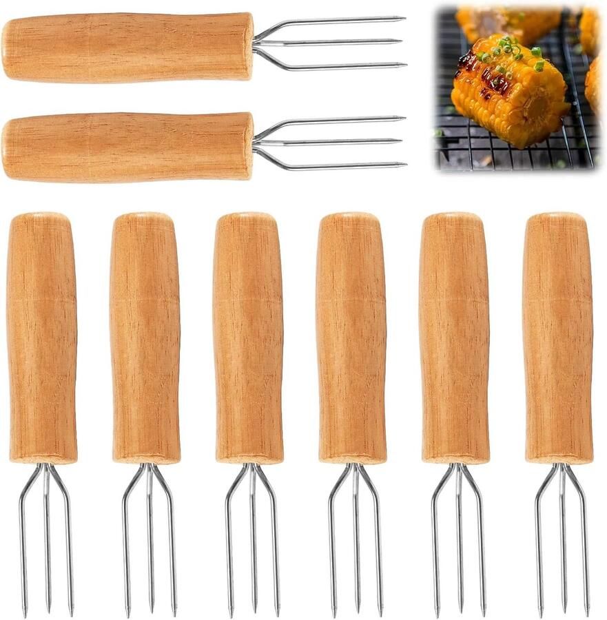 8 stuks schilaardappelvorken met 3 roestvrijstalen tanden hoogwaardige chocoladevork aardappelvork van hout herbruikbare maïsspiesjes pelaardappelset voor groenten maïskolven en