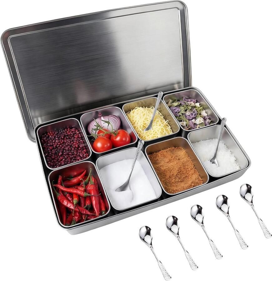 8-vaks pizza ingrediënten container van roestvrij staal met deksel en 8 eetlepels ideaal voor catering en keuken perfect voor pizza-toppings en gastronomie