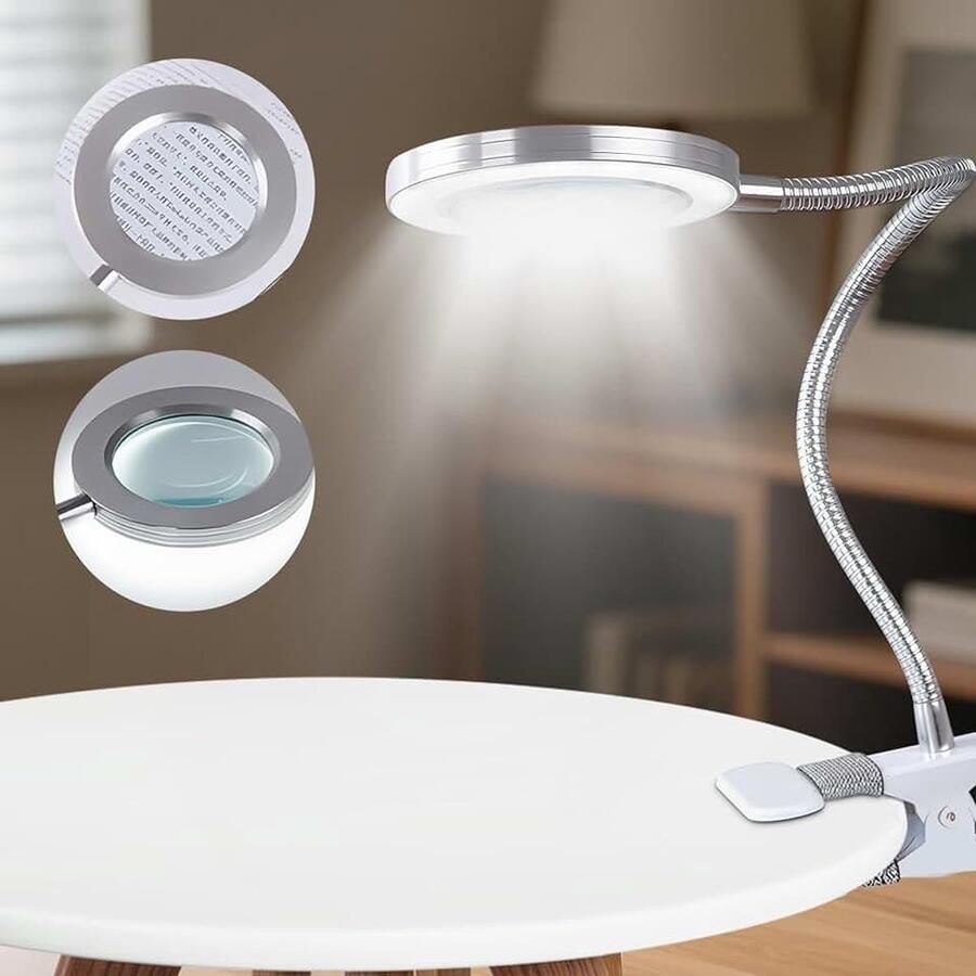 8 x vergrootglas met licht en standaard led-vergrootlamp tafelvergrootglas met verlichting vergrootlamp met metalen klem handsfree bureaulamp 360° draaibaar voor werk lezen hobby's naaien