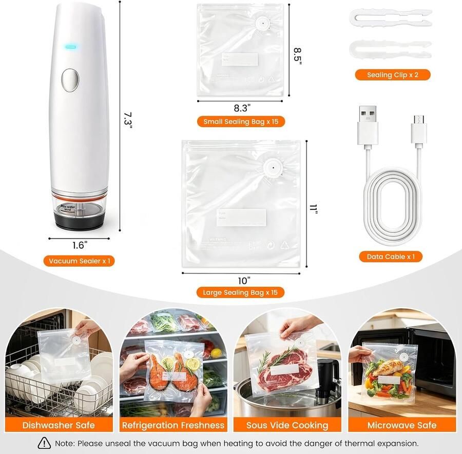 80 kPa Vacuümsealer voor voedsel (vacuümsealer + 30 herbruikbare vacuümzakken) draadloze en draagbare mini-vacuümsealer geschikt voor sous-vide en meal-prep – Wit