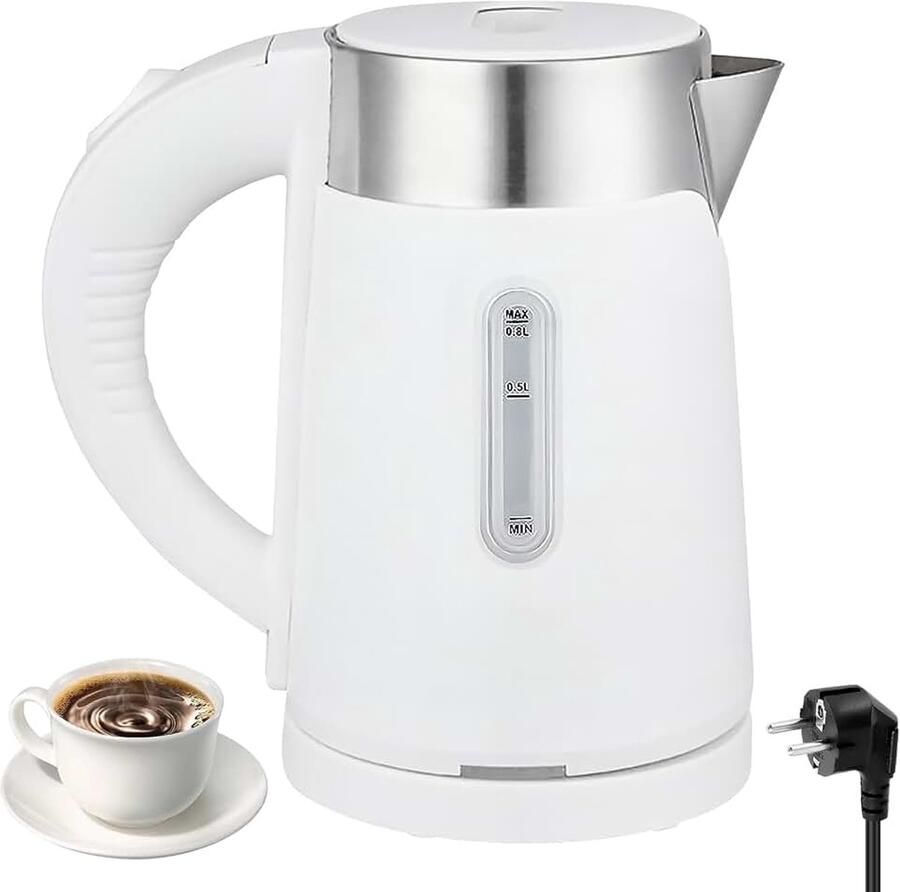 800 ml reiswaterkoker roestvrij staal 600 W waterkoker klein elektrische waterkoker 5 minuten snel koken mini campingwaterkoker voor thee koffie babymelk wit