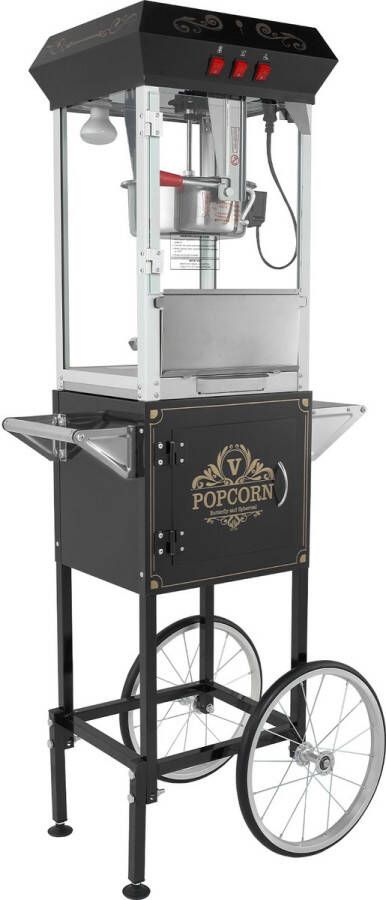 850 W Popcornmachine met Trolley 237 ml Waterkoker voor 48 Kopjes per Lading Popcornmachine in Bioscoopstijl met Gehard glas incl. 4 Schepjes zwart