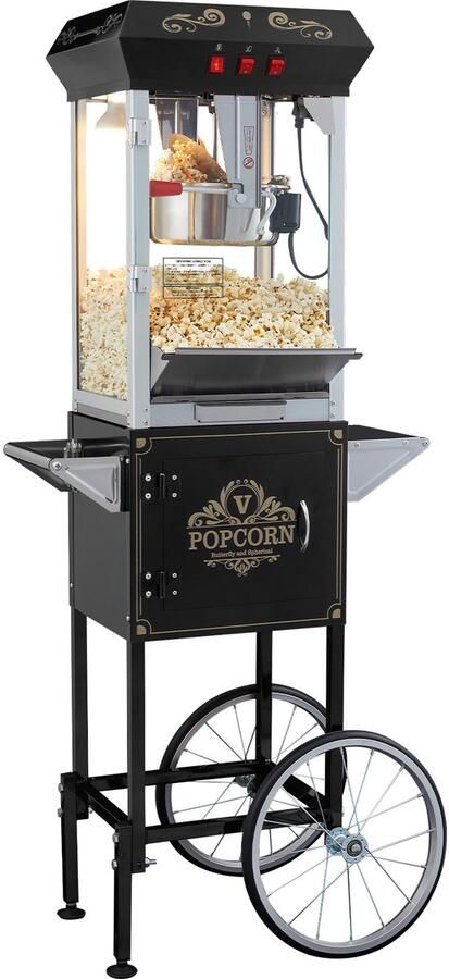 850 W Popcornmachine met Trolley 237 ml Waterkoker voor 48 Kopjes per Lading Popcornmachine in Bioscoopstijl met Gehard glas incl. 4 Schepjes zwart