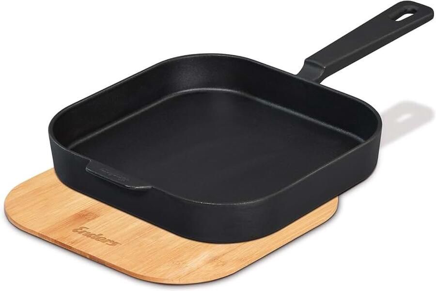 8773 Gietijzeren braadpan L hoge rand gelijkmatige warmteverdeling en opslag te gebruiken op de grill campingkooktoestel kookplaat of open vuur incl. bamboeplank deksel B 38 x D 50 x H 6
