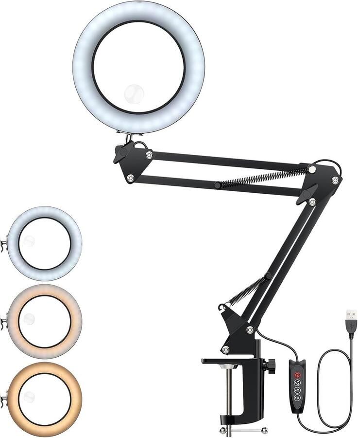 8X 15X LED vergrootlamp met zwenkarm vergrootglas met licht tafellamp met 3 kleurmodi 10 helderheidsniveaus dimbare werklamp met klem verstelbaar voor werkbanken