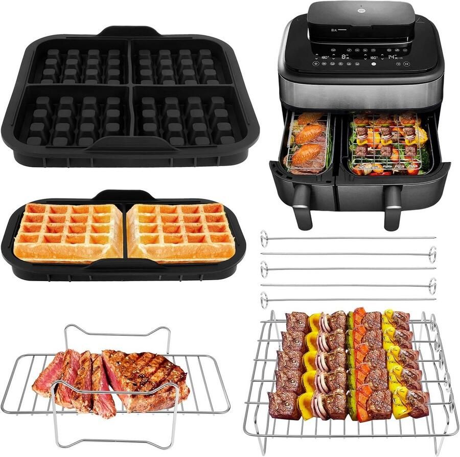 9-delige Accessoire Set voor heteluchtfriteuse Voor Dubbele Mand & 6L 3L Modellen Wafelvorm & Spiesen