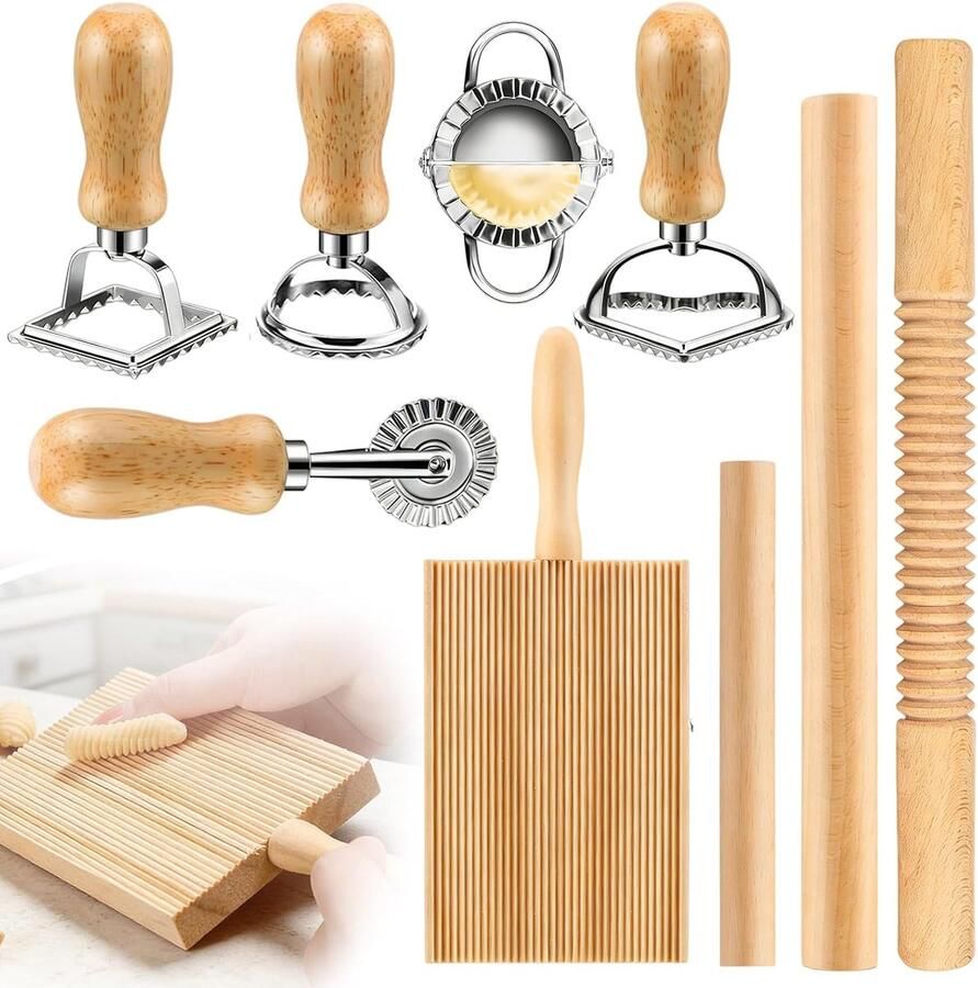 9-delige pastaieset: efficiënte pastaieset met deegrollers gnocchiplank deegsnijder ravioli-stempel efficiënt pastaie voor thuiskeuken en bakken