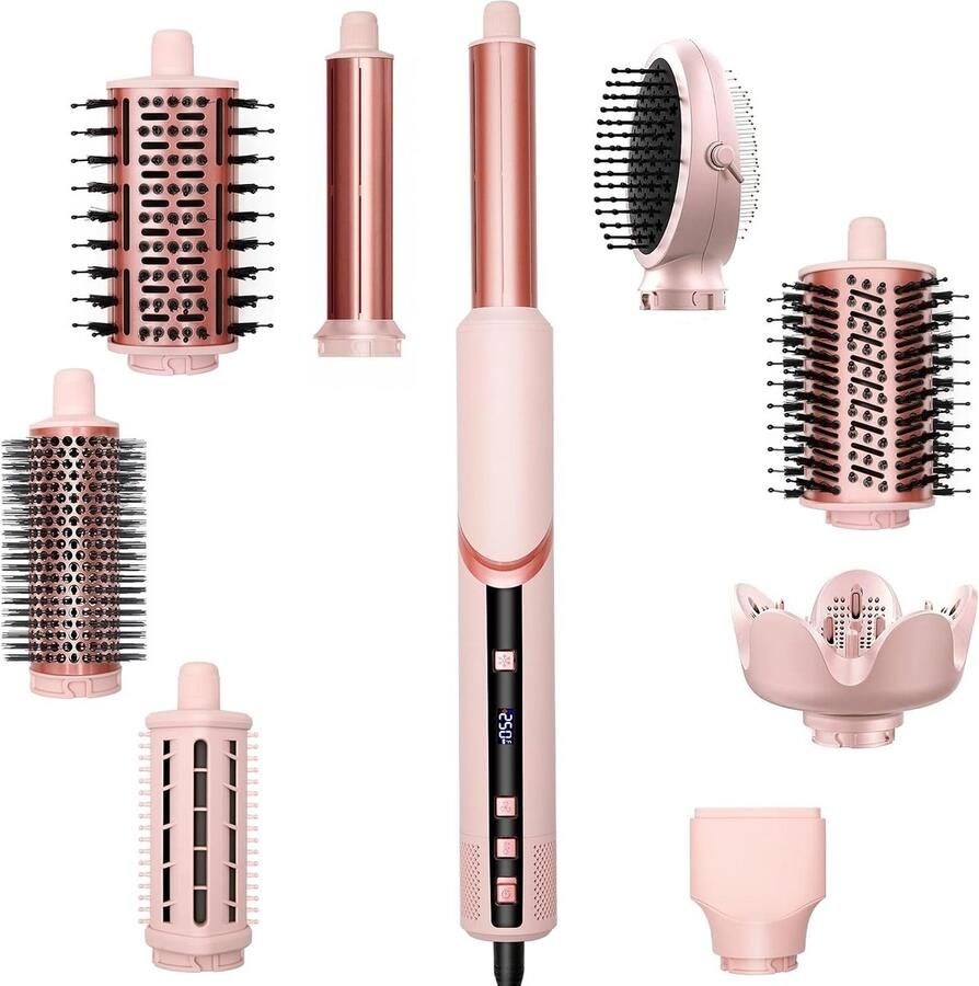 9 in 1 Föhnborstel Airstyler met LCD-display Heteluchtborstel met afneembare Auto-Wrap krullers volumeborstel & stijlborstel 1400W ionen haarstyler 3 temperatuurstanden voor alle haartypes