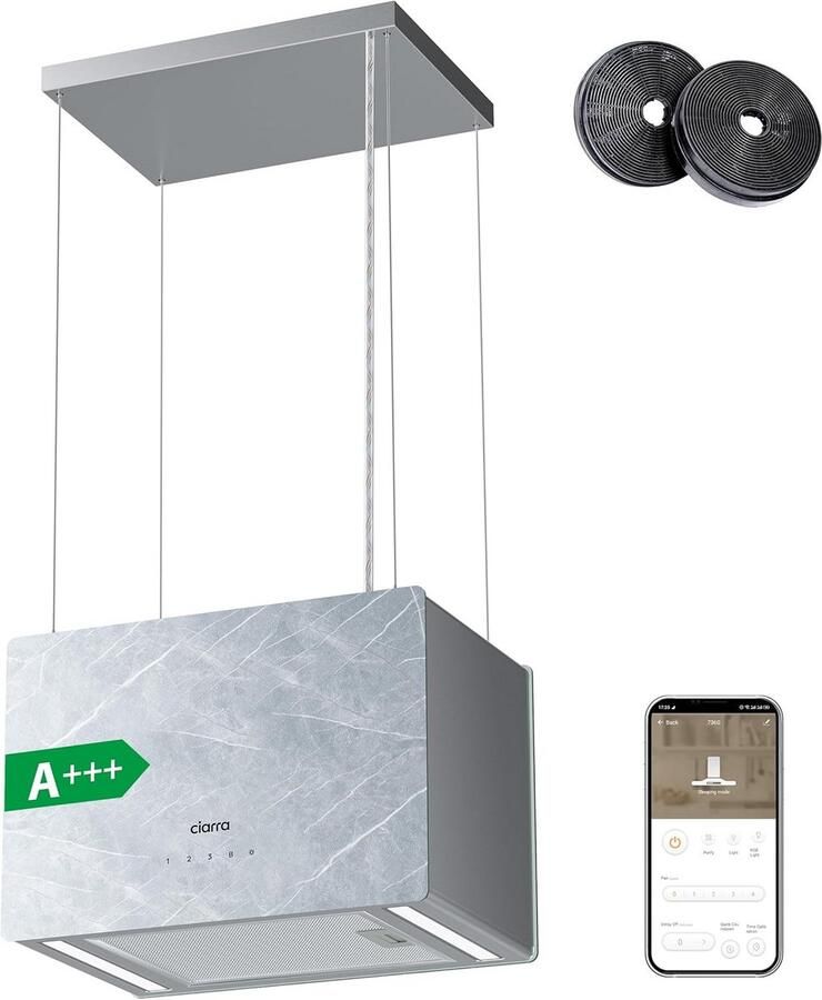 A+++ Eiland Afzuigkap 48 cm met Wi-Fi en Boost Marmer Design