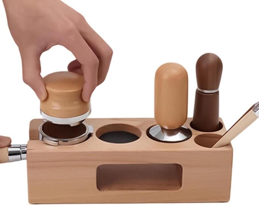Aanstampstation Espresso Koffie Tamper Houder Espresso Voorbereiding Vijf Functionele Vakken 51 54 mm Houtkleur
