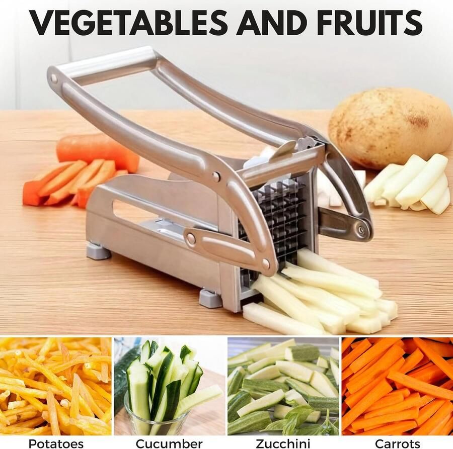 Aardappel- en Groentesnijder Roestvrij Staal Handmatig Professioneel Frietsnijder 2 Lemmeten 7mm en 10mm Groentesnijder Antislipvoet - Foto 2