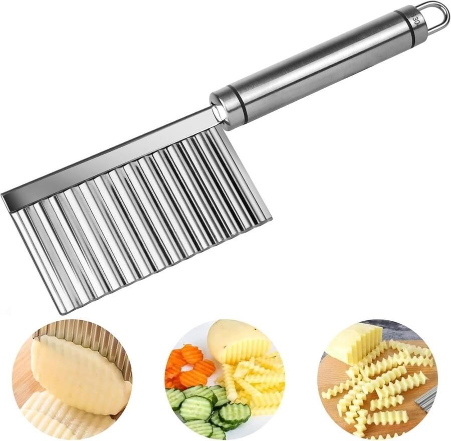 Aardappelsnijder Aardappelmessen met Lange Steel Roestvrij Staal 304 Golvend Groentemes voor het Snijden van Aardappelen Uien Tomaten en Citroenen 17x7.6CM