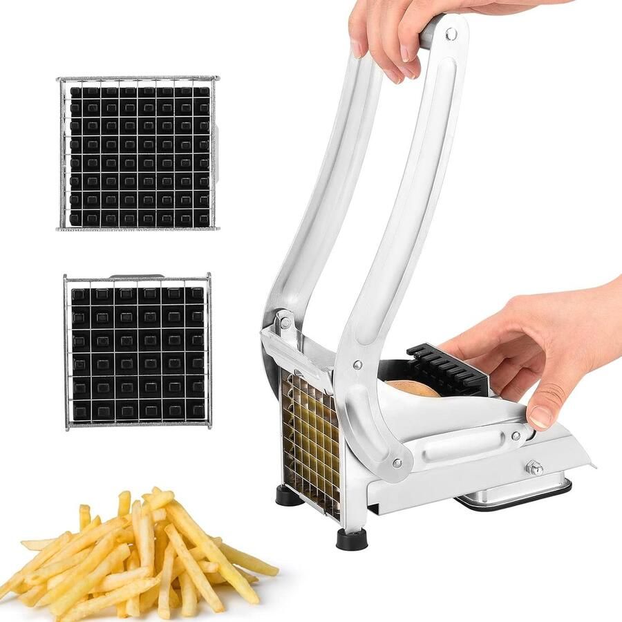 Aardappelsnijder van roestvrij staal handmatige frietsnijder met 2 reservemessen (12 mm en 9 mm) frietsnijmachine met antislip voeten chipssnijder voor groenten en fruit