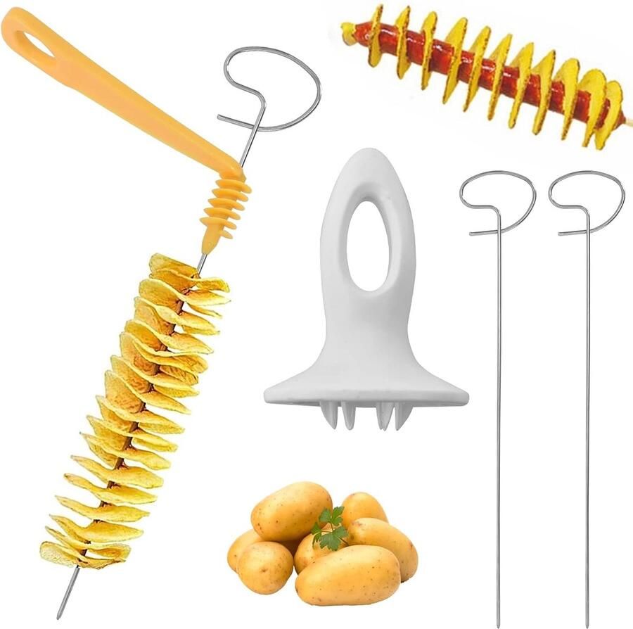 Aardappelsnijderset 4 stuks aardappelsnijder van roestvrij staal Potato spiraalsnijder geschikt voor aardappeltoren grillen frituren feesten camping keuken thuis